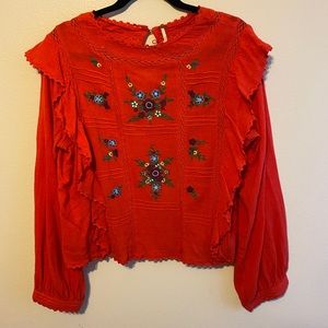 Free People- Embroidered Red Top- Large